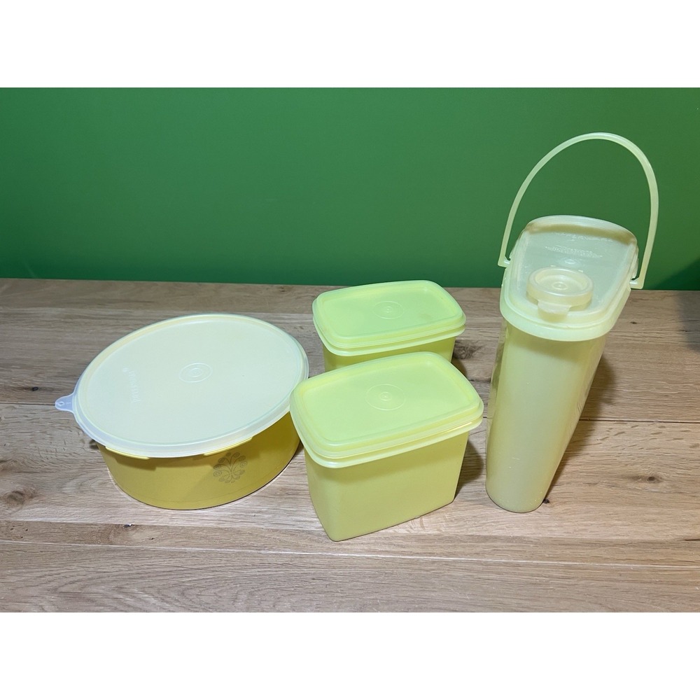 Tupperware Pour Pitcher, Shelf Saver 1243 & Servalier 4 Pieces w/lids Yellow Vtg